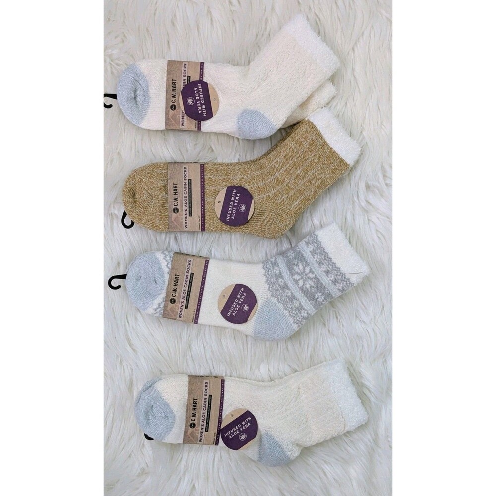C.W. Hart Women's Aloe Cabin Socks 4-Pack Fuzzy Cozy Winter Warm Fair Isle Crew
